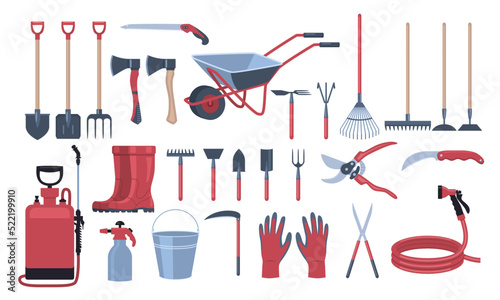Garden tools set. Stickers with equipment for farming and agriculture. Secateurs, hose, rake, shovel, boots, ax and bucket. Design elements for site. Cartoon flat vector collection isolated on white