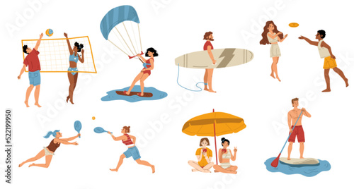 Young people having active rest on beach flat character set isolated on white. Vector illustration of happy men and women playing volleyball, frisbee, tennis, surfing, paddle boarding. Summer vacation