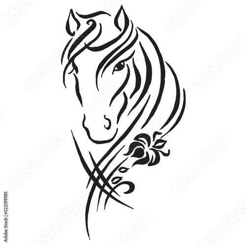 Horse head drawn in strokes. Black and white drawing of a horse muzzle, mane and flower. vector illustration isolated on white background. Calligraphic drawing. Tattoo design. Horse Head Logo. 