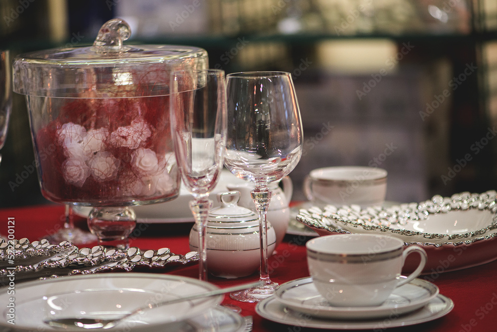 Luxury dishes, glasses and porcelain plates,table set for event party