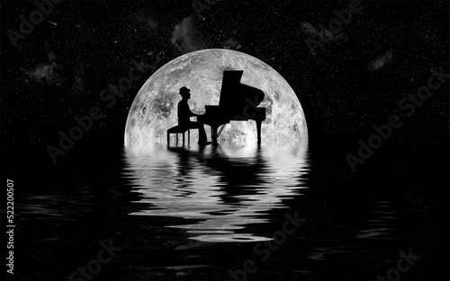 Piano player makes music in front of glowing moon with water spouting