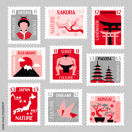 Japan postage stamp set, flat element design