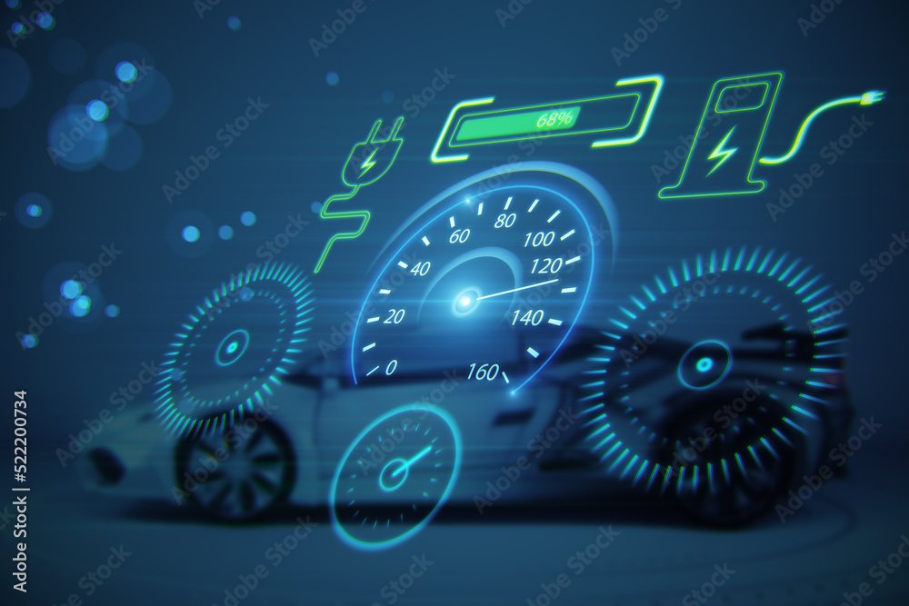 Abstract electronic car dashboard interface hologram on blurry blue wallpaper. Automobile, charging and futuristic technology concept. 3D Rendering.
