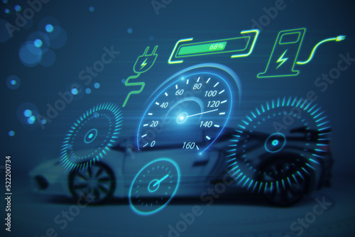 Abstract electronic car dashboard interface hologram on blurry blue wallpaper. Automobile, charging and futuristic technology concept. 3D Rendering.