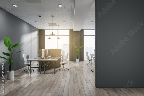 Modern coworking office interior with mock up place on wall, window and city view, wooden flooring and sunlight. 3D Rendering.