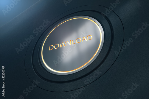 Creative shiny donwload button on dark background. 3D Rendering.