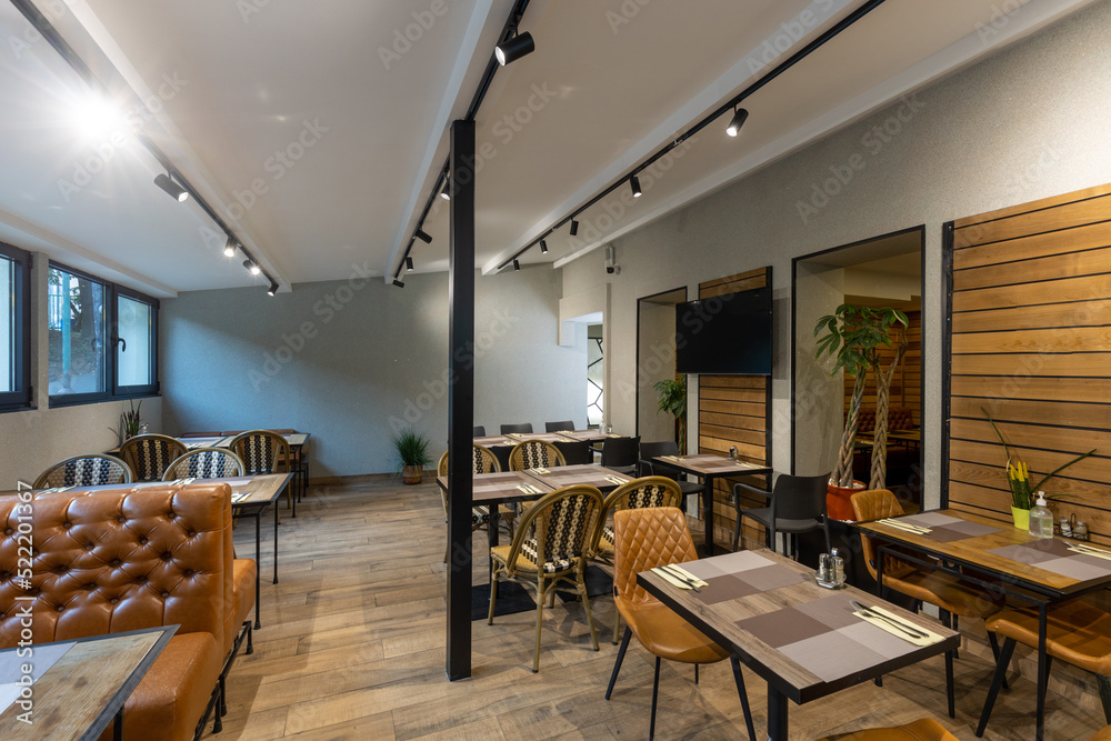 Interior of an empty hotel restaurant