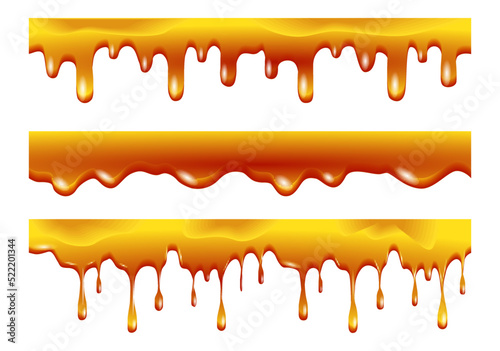 honey flowing and dripping set maple syrup caramel and sweet sugar sauce melting. melting honey drops realistic. honey splash dripping sweet drops from bee honeycomb.

