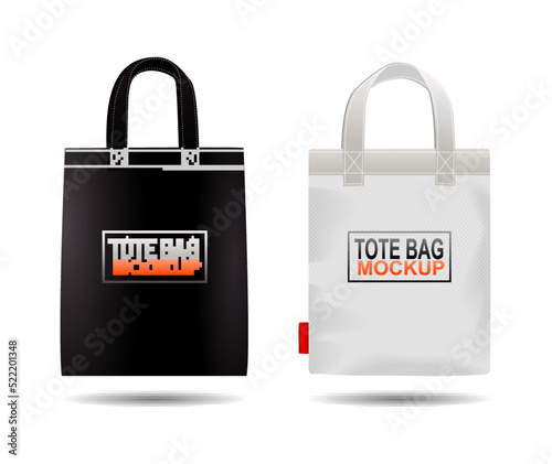 black white tote shopping bags. set bags made eco 

friendly materials with green logo. canvas 

shopping bags. 
