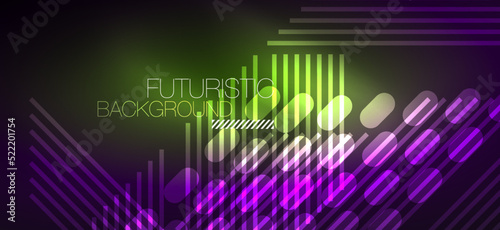 Background neon glowing lines and geometric shapes. Lights in the dark wallpaper for concept of AI technology, blockchain, digital, communication, 5G, science
