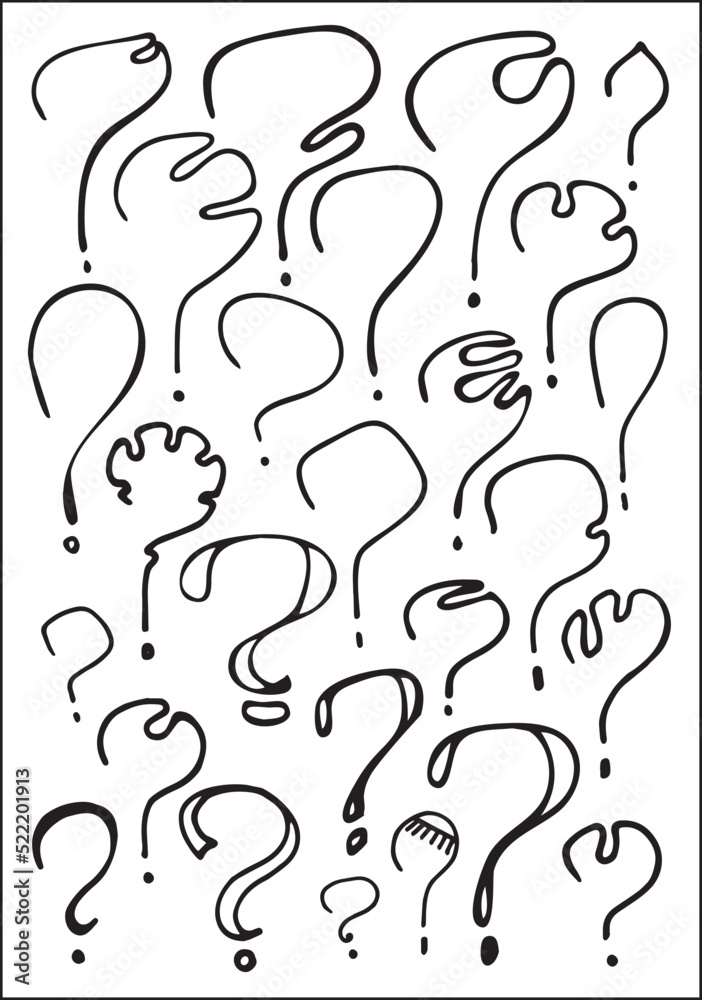 Set of interrogation signs in black and white. Funny question marks. Vector illustrations. Set of interrogation signs in black and white. Funny question marks. Vector illustrations.