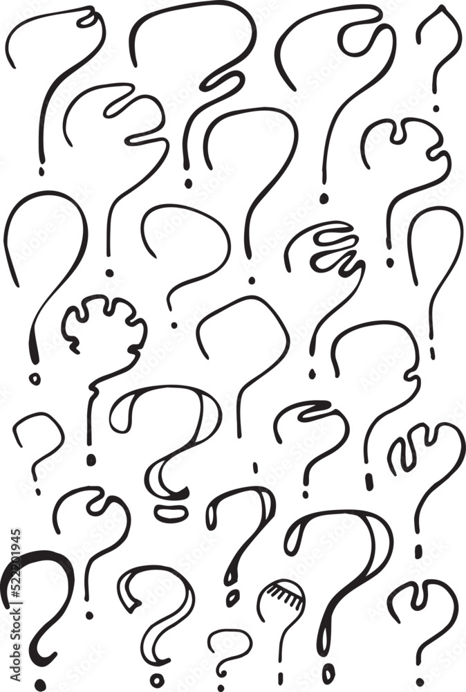 Set of interrogation signs in black and white. Funny question marks. Vector illustrations. Set of interrogation signs in black and white. Funny question marks. Vector illustrations.