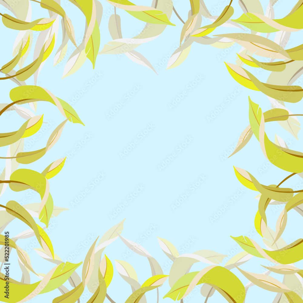 Vector bright square frame with banana leaves on blue background. Vector bright square frame with banana leaves on blue background.