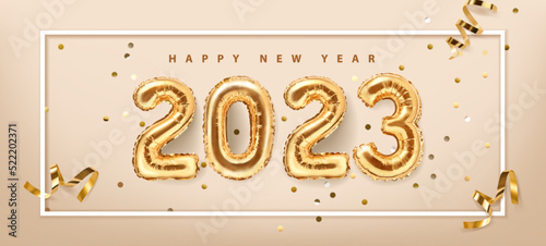 2023 golden decoration holiday on beige background. Gold foil balloons numeral 2023 with realistic festive objects,, glitter gold confetti and serpentine. Happy new year 2023 holiday. 