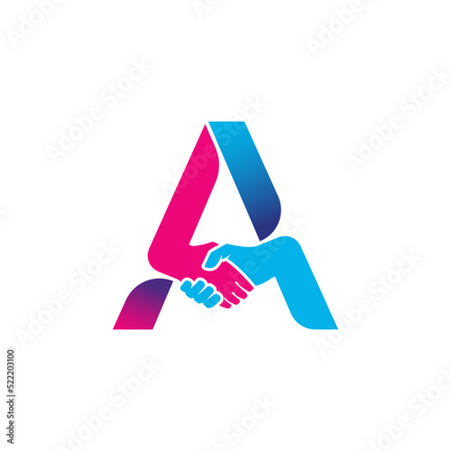 handshake logo isolated on letter A alphabet. Business partnership and union logo design