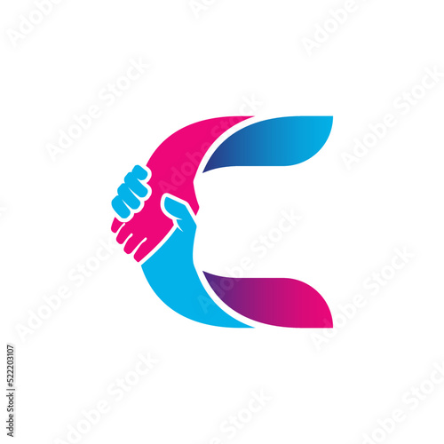 handshake logo isolated on letter C alphabet. Business partnership and union logo design
