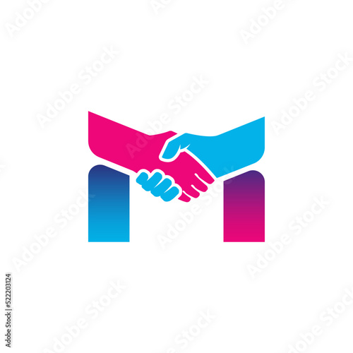 handshake logo isolated on letter M alphabet. Business partnership and union logo design