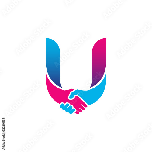 handshake logo isolated on letter U alphabet. Business partnership and union logo design