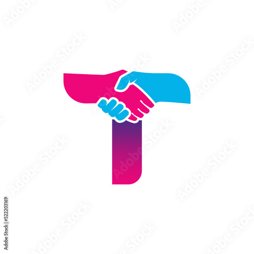 handshake logo isolated on letter T alphabet. Business partnership and union logo design