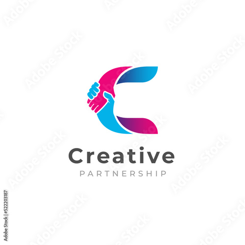 handshake logo isolated on letter C alphabet. Business partnership and union logo design