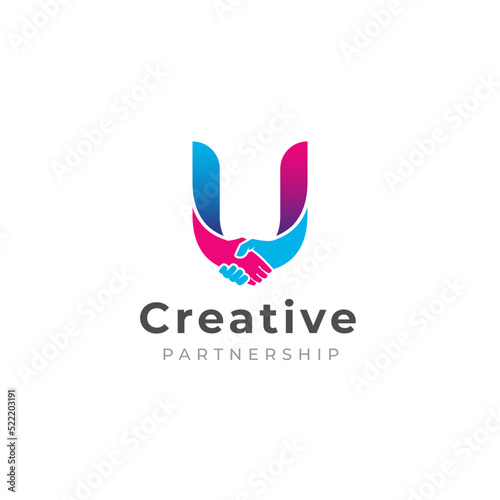 handshake logo isolated on letter U alphabet. Business partnership and union logo design