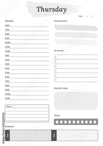 Modern Thursday planner template set. Set of planner and to do list. Monthly, weekly, daily planner template. Vector illustration.