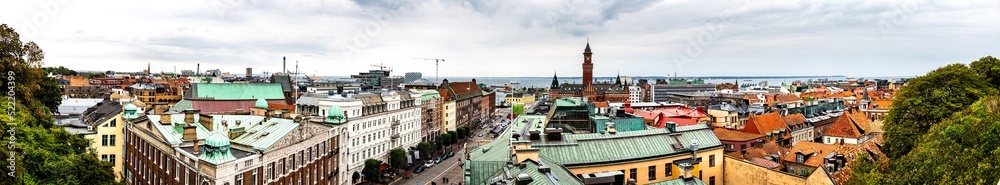 Helsingborg panoramic view over the city from Terrace Stairs (Terrasstrapporna). The Swedish town touristic downtown district is visible from above with the city hall standing out from the skyline