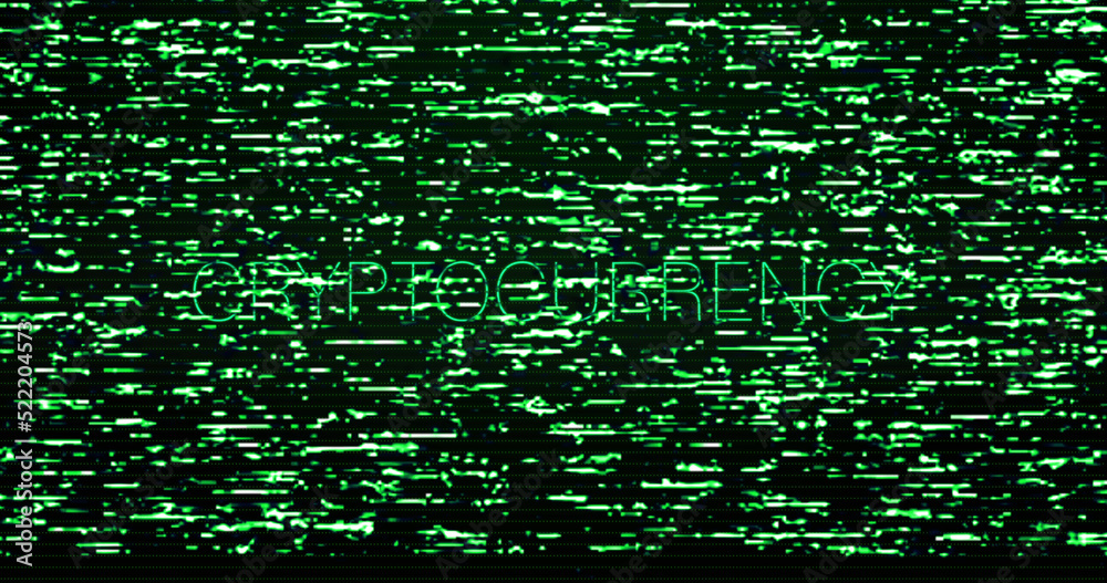 Image of interference over cryptocurrency text on black background Image of interference over cryptocurrency text on black background