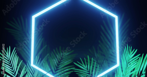 Image of leaves over blue neon hexagon on black background