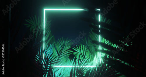 Image of leaves over green neon square on black background