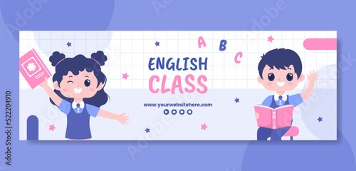 English Class Cover Template Hand Drawn Cartoon Flat Illustration