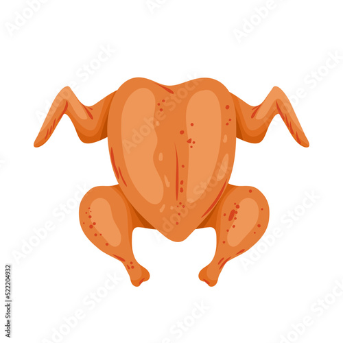 Whole fried chicken, top view vector illustration. Cartoon isolated whole roasted or baked chicken with delicious toasted crust, hot tasty food for lunch or dinner at home, cafe or restaurant