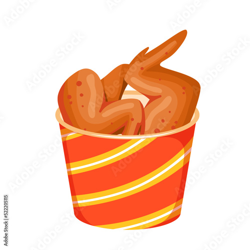 Chicken deep fried crunchy wings in paper bucket vector illustration. Cartoon isolated hot crispy food snack, delicious meat of poultry cooked for takeaway menu of fastfood cafe or restaurant
