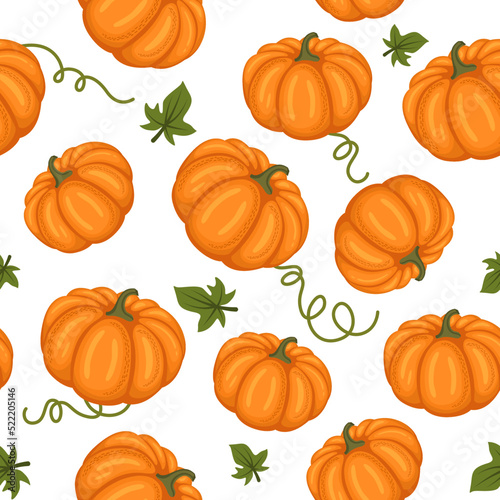 Seamless pattern of ripe pumpkins and leaves. Vector illustration in a flat style on a white background.