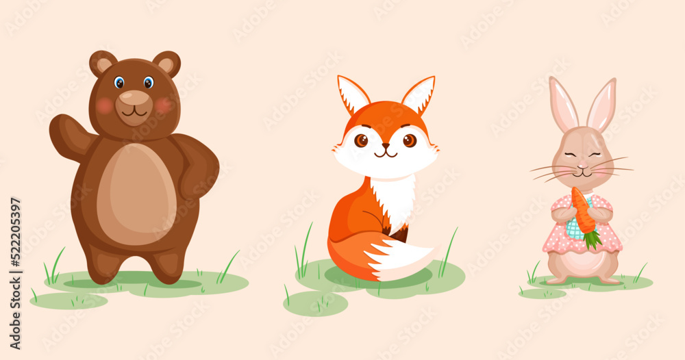 Fototapeta premium Set of forest animals bear, hare, fox and rabbit. Vector illustration