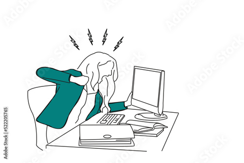 Cartoon of angry business woman expressing rage at her desk in the office. Continuous line art