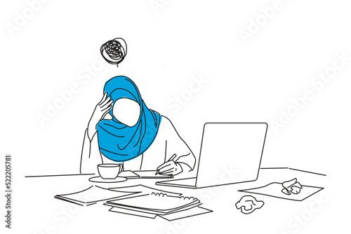 Drawing of tired young muslim business woman feeling stressed holding head with hands. Single continuous line art