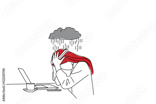 desperate arab saudi man with a laptop. Bankruptcy concept. Continuous line art style