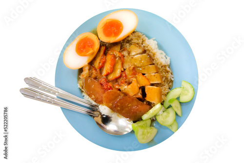 Top view of Barbecued red pork in sauce with rice, focus selective