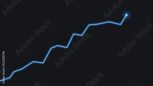 Growing market trend concept. Glowing blue line graph rising up graphic animation.
