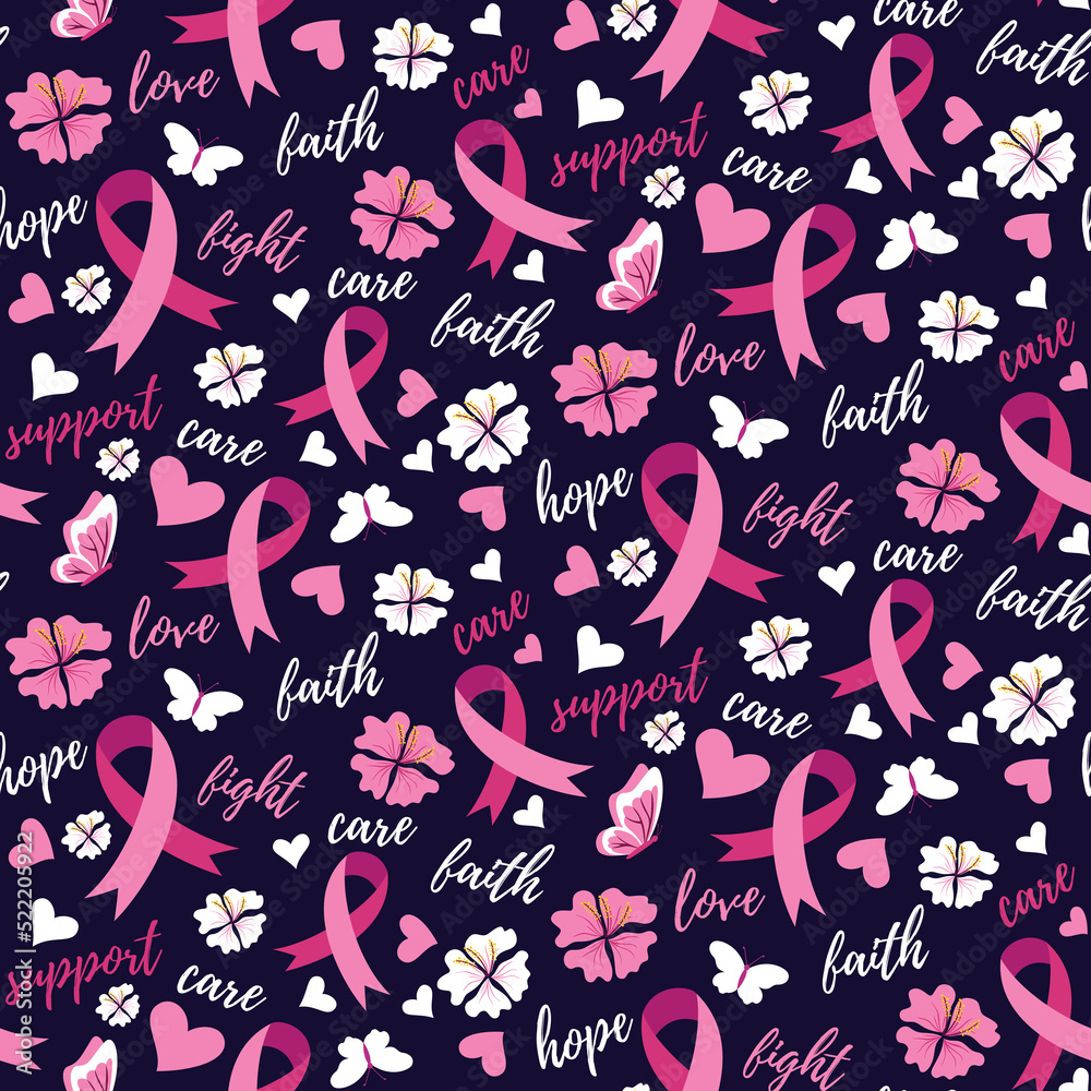 Pink Ribbons Breast Cancer Awareness Supportive words Pattern Stock  Illustration