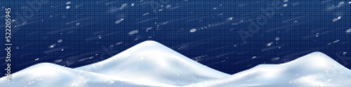 Piles of snow in winter storm png, realistic 3D illustration on transparent background. Windy frosty weather with blurred snowflakes flying in air. Panoramic North Pole landscape. Christmas fairy tale