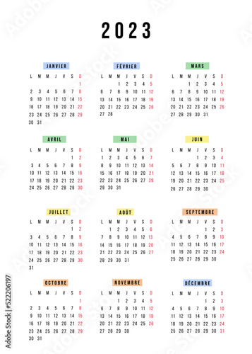 French calendar 2023 year. Vector stationery square calendar week starts Monday. Yearly organizer. Simple calendar template in minimal design. Business illustration.