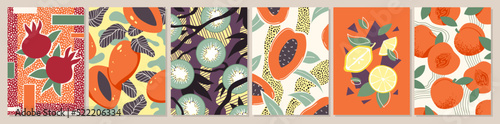 Tropical fruit patterns set vector illustration. Abstract minimalist fashion poster, bright summer fruit background collection with fresh whole and half of peach papaya mango pomegranate kiwi lemon