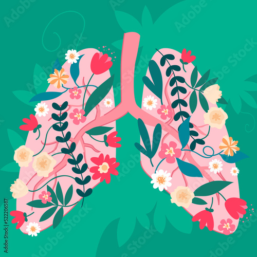 Healthy lungs, creative environmental art poster vector illustration. Cartoon bright colorful spring flowers, tree branches with green leaves inside abstract human lungs background. Health concept