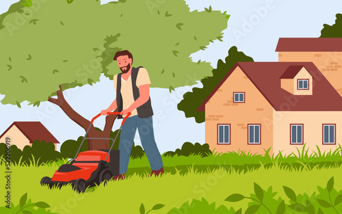 Man mowing green grass with push lawn mower in yard of house vector illustration. Cartoon farmer holding lawnmower machine, gardener with cutter equipment walking on backyard and gardening background