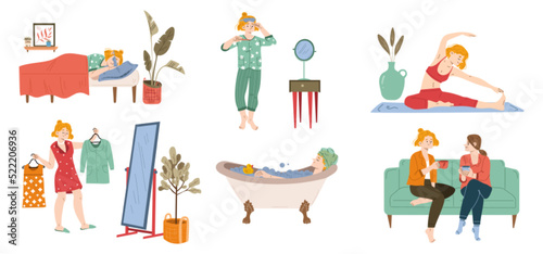 Woman daily routine, day life, schedule, female characters morning habits. Girl sleeping, brushing teeth, doing yoga exercises, bathing, dress up, meet with friend, Line art flat vector illustration