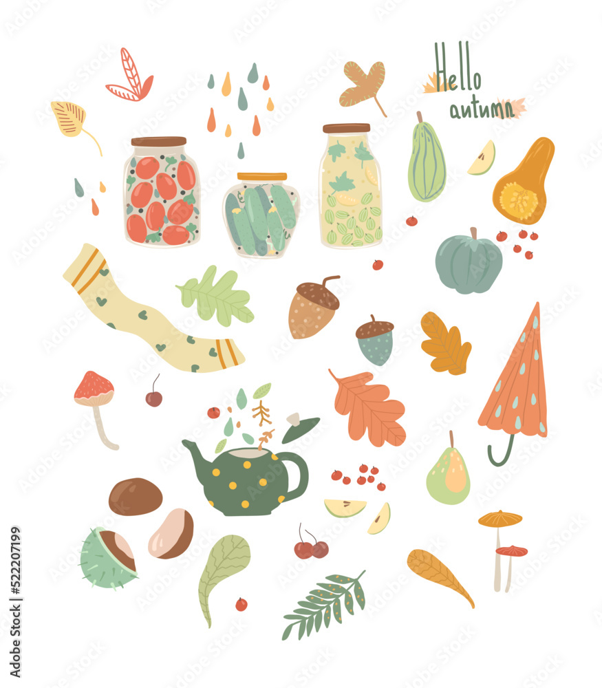 Drawn autumn set. Icons and objects of the autumn season. Illustrations for magazines, postcards, advertising, books.