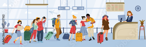 Queue in airport, people waiting in line for registration check in. Passengers characters with luggage prepare documents for passport control desk. Men and women boarding Line art vector illustration