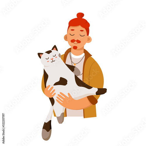 Man holding cat in hands vector illustration. Cartoon isolated young male pet owner hugging domestic animal friend with love, portrait of cuddles of guy and little kitty companion with funny face